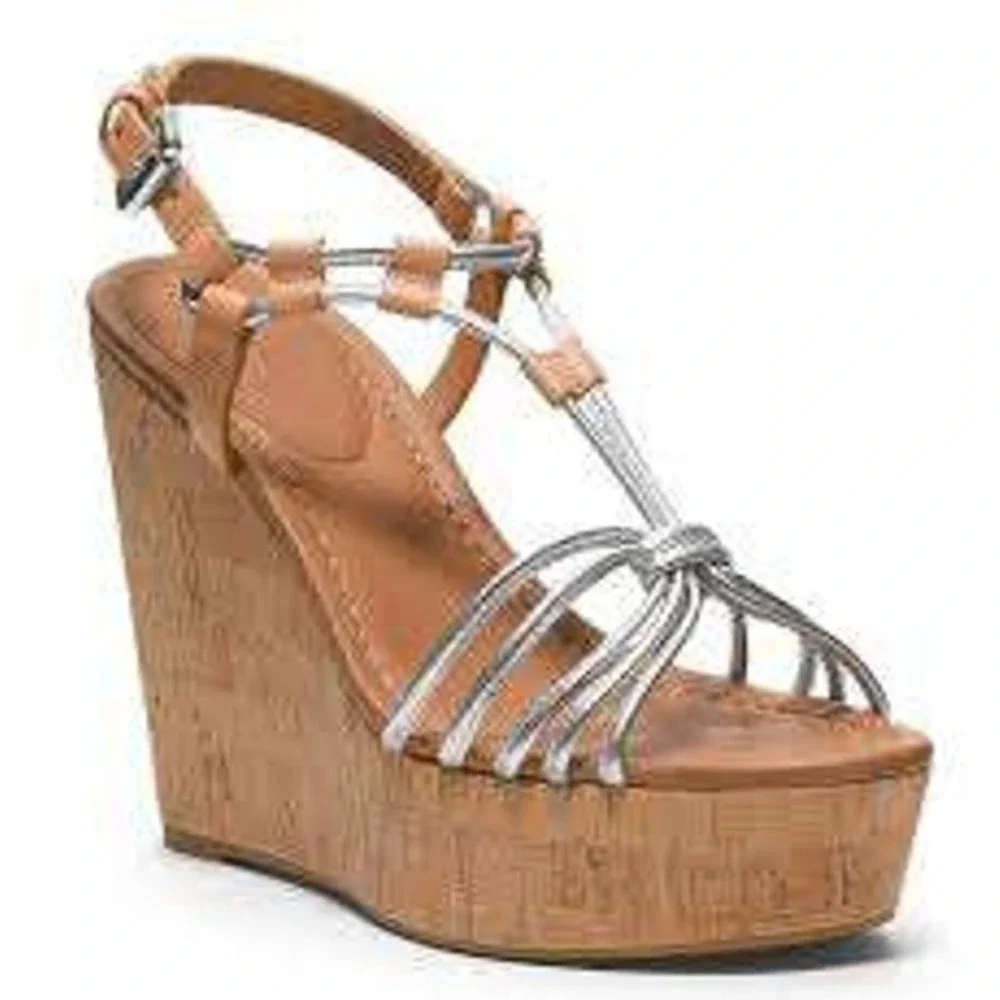 Coach Georgiana Wedge Sandals Silver Metallic Knotted Cork Platform Tan 8.5B